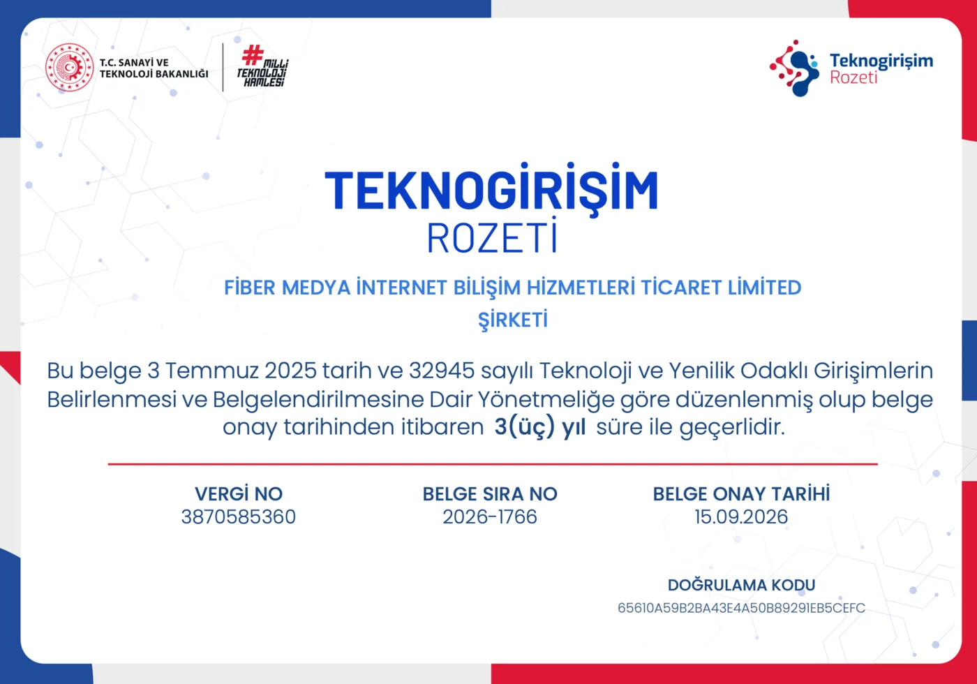 Teknogirişim Rozeti Belgesi